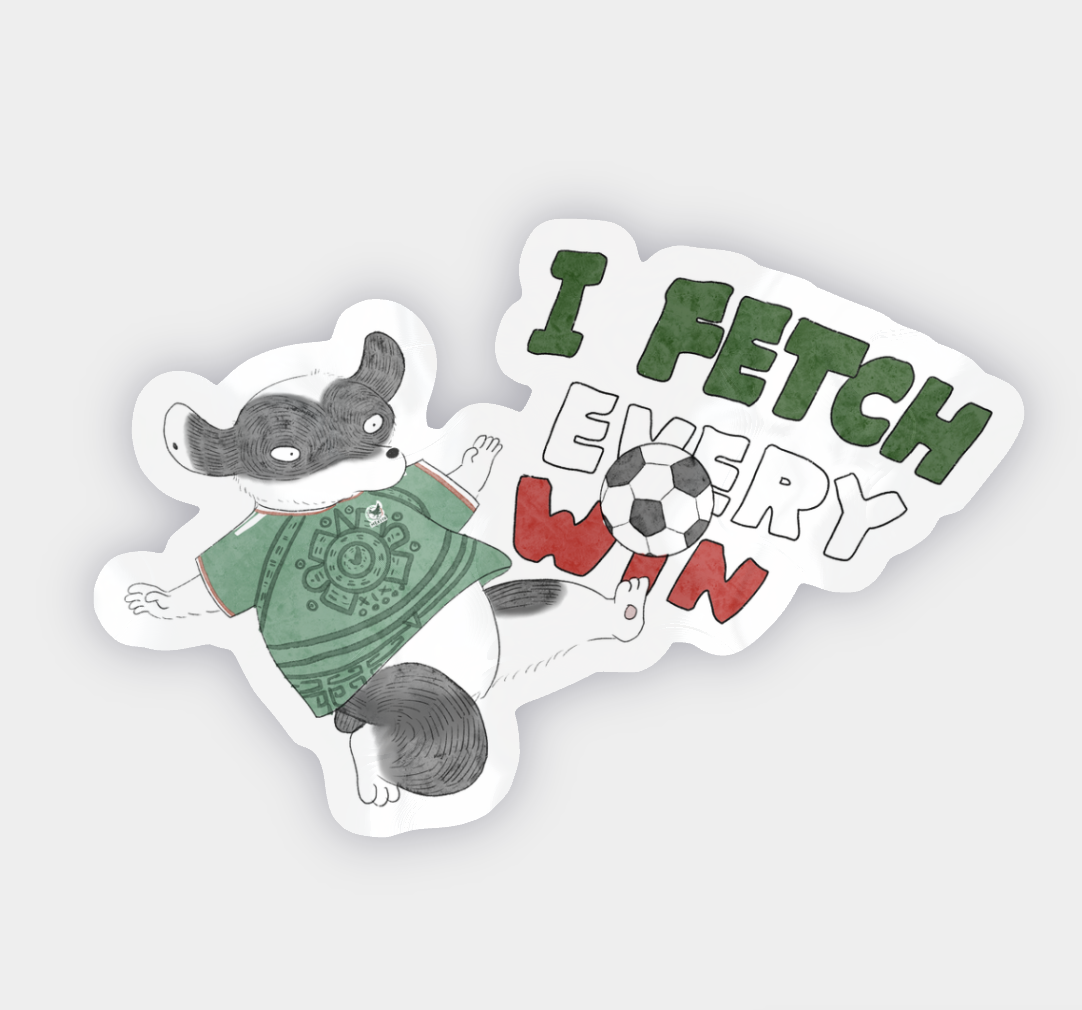 I Fetch Every Win glossy sticker — Bixin dog football illustration